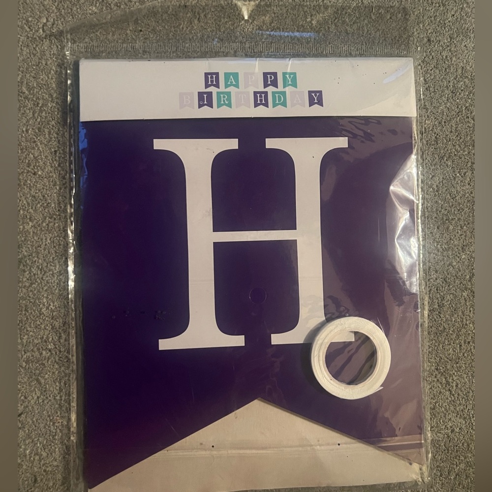 Happy birthday Banner, still in package, dark purple, teal and light pink